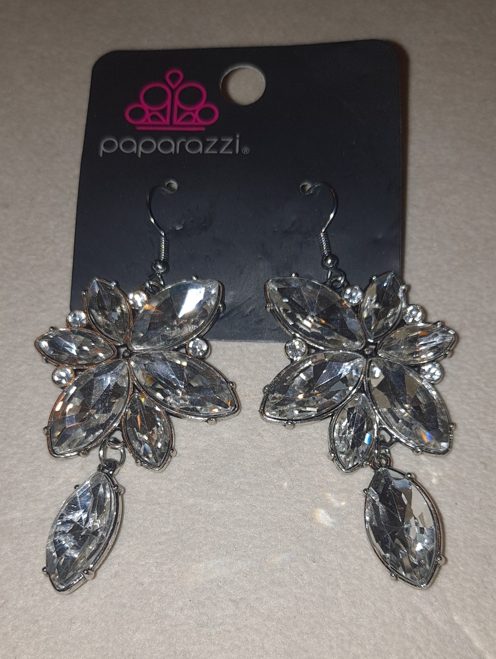 paparazzi Silver Clear Crystal Floral Chandelier Earrings
